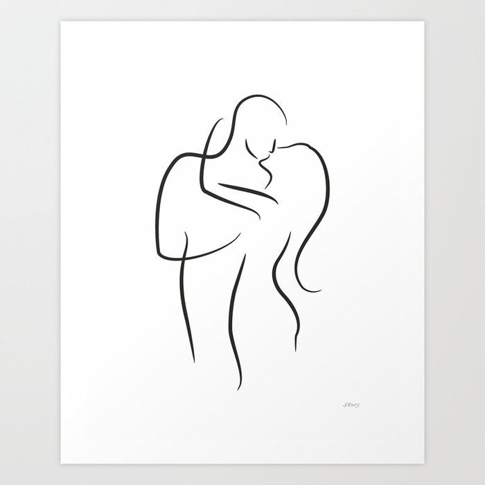Abstract couple kisses line art, romantic poster, couple one line
