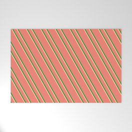 [ Thumbnail: Salmon, Forest Green & Tan Colored Stripes Pattern Welcome Mat ]