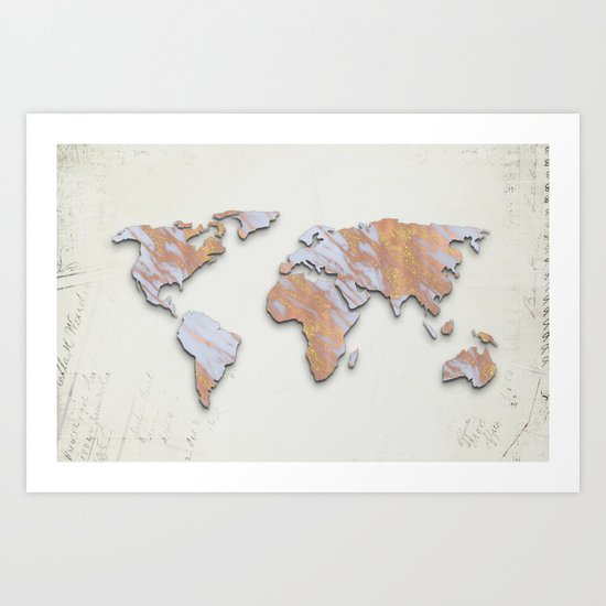 Rose Gold Marble Map - RoseGold World II Art Print