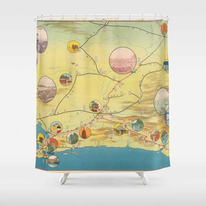 1936 Pictoral Map of Japanese Coast Shower Curtain