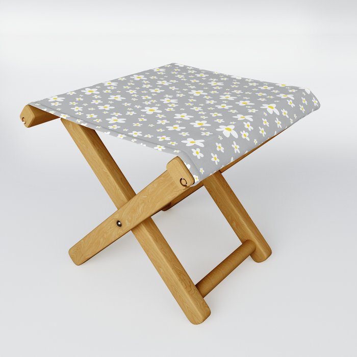 White Daisy Pattern over Neutral Gray Folding Stool