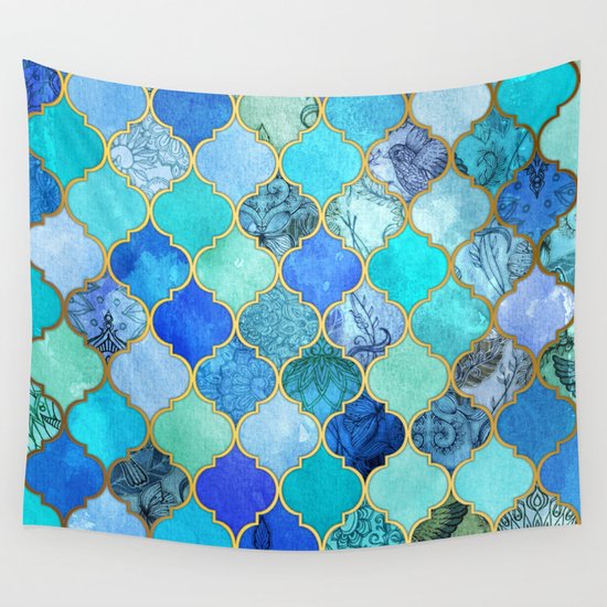 Cobalt Blue, Aqua & Gold Decorative Moroccan Tile Pattern Wall Tapestry