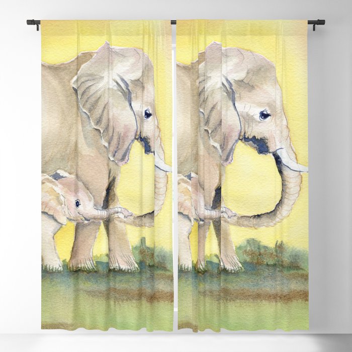 Colorful Mom and Baby Elephant 2 Blackout Curtain