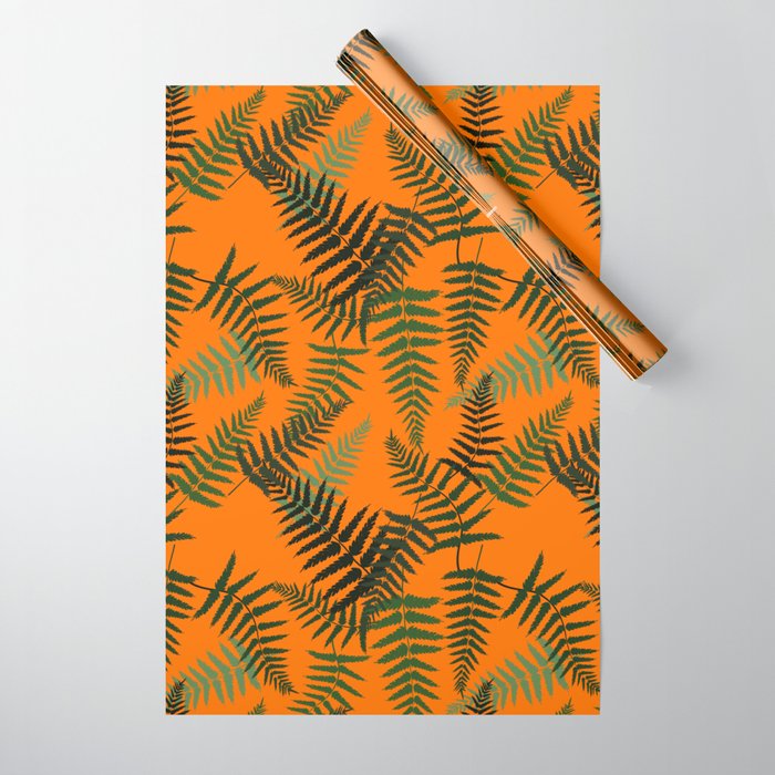 Fern Leaf Pattern on Orange Background Wrapping Paper