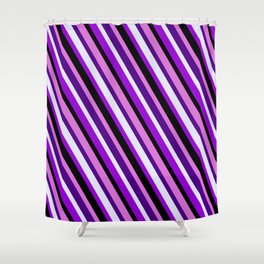 [ Thumbnail: Eye-catching Orchid, Indigo, Lavender, Dark Violet, and Black Colored Stripes Pattern Shower Curtain ]