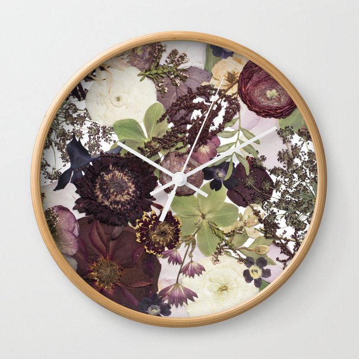 Dark Pressed Florals Wall Clock