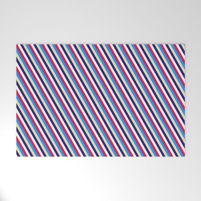 Eye-catching Crimson, Blue, Pale Goldenrod, Midnight Blue & White Colored Striped Pattern Welcome Mat