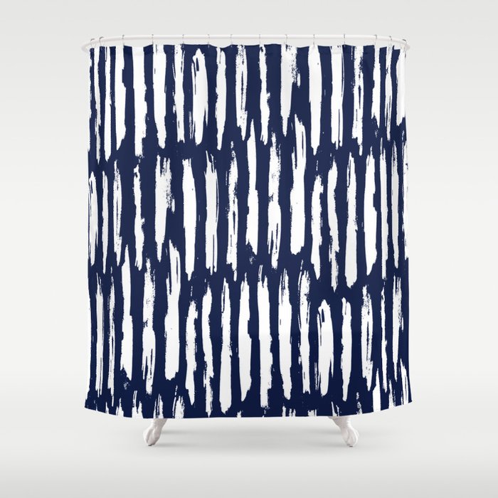 Navy Blue Paint Stripes Shower Curtain, Blue And White Striped Shower Curtain