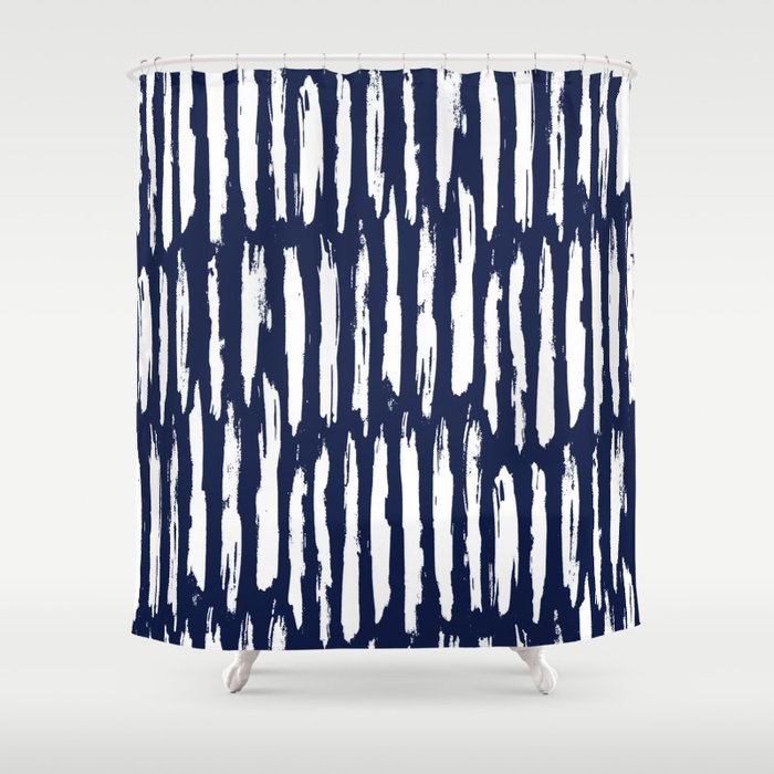 Vertical Dash White On Navy Blue Paint Stripes Shower Curtain By