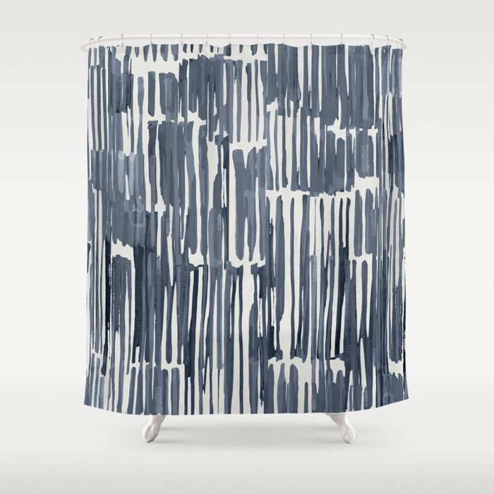 Simply Bamboo Brushstroke Indigo Blue on Lunar Gray Shower Curtain