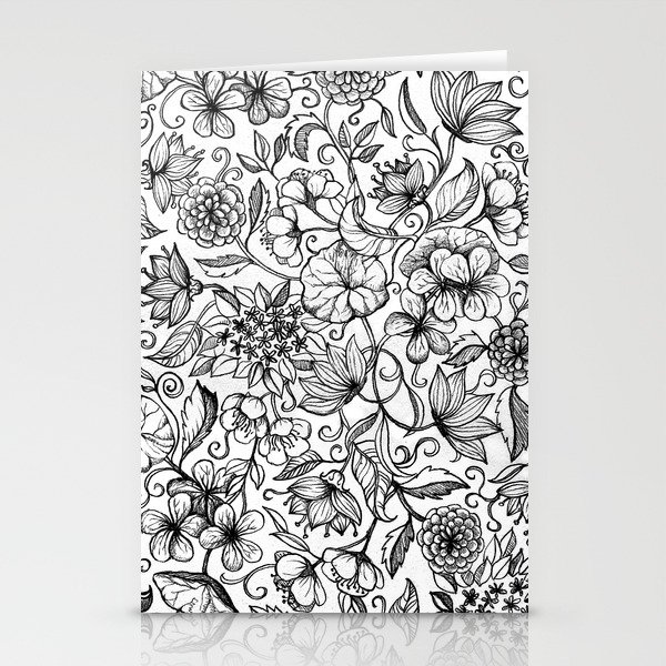 Hand drawn pencil floral pattern in black and white Stationery Cards