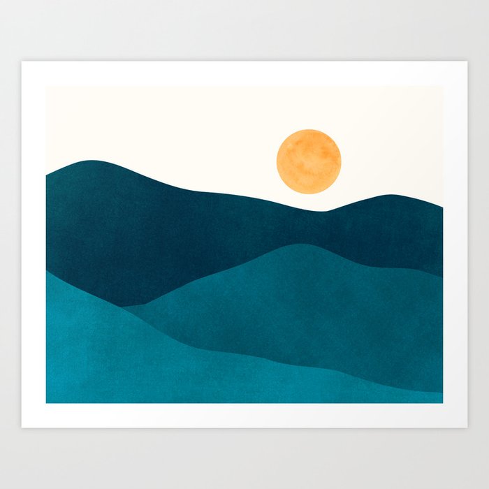 Teal Mountains Minimal Landscape Art Print