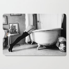 Head Over Heals - Female in Stockings in Vintage Parisian Bathtub black and white photography - photographs wall decor Cutting Board | And, Nude, Stockings, Bathroom, Photographs, Female, Pinup, Woman, White, Photo 