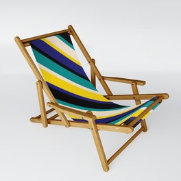 [ Thumbnail: Eye-catching Dark Cyan, Beige, Yellow, Midnight Blue, and Black Colored Lined Pattern Sling Chair ]