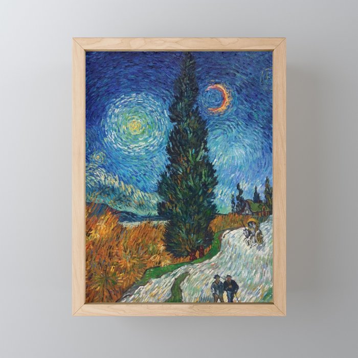 Road with Cypress and Star; Country Road in Provence by Night, oil-on-canvas post-impressionist landscape painting by Vincent van Gogh in alternate blue twilight sky Framed Mini Art Print