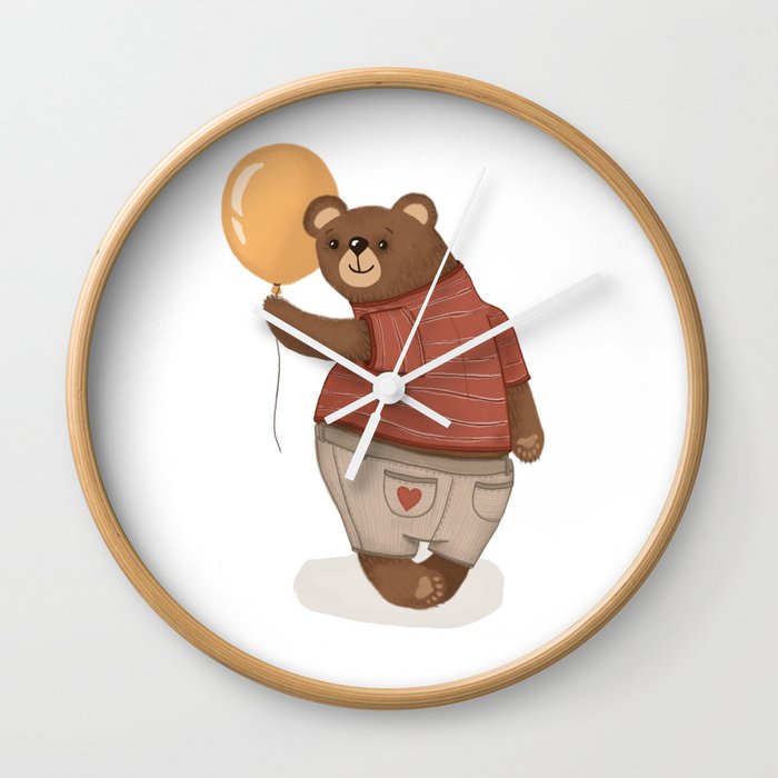 A cute, smiling bear with a yellow balloon Wall Clock