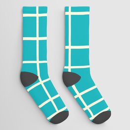 Mid Century Modern Abstract Grid lines pattern - Tiffany Blue and Cornsilk Socks