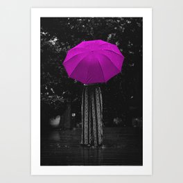 Girl in the rain with a pink umbrella black and white photograph / art photography Art Print