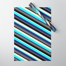 [ Thumbnail: Colorful Cyan, Midnight Blue, Dim Gray, Black, and Beige Colored Lines/Stripes Pattern Wrapping Paper ]