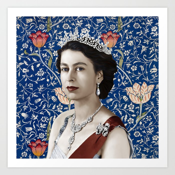 Queen Elizabeth II with Vintage Medway Pattern Art Print