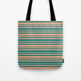 [ Thumbnail: Light Salmon & Teal Colored Stripes/Lines Pattern Tote Bag ]