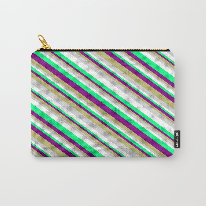 Eye-catching Purple, Dark Khaki, Light Gray, White & Green Colored Lined Pattern Carry-All Pouch