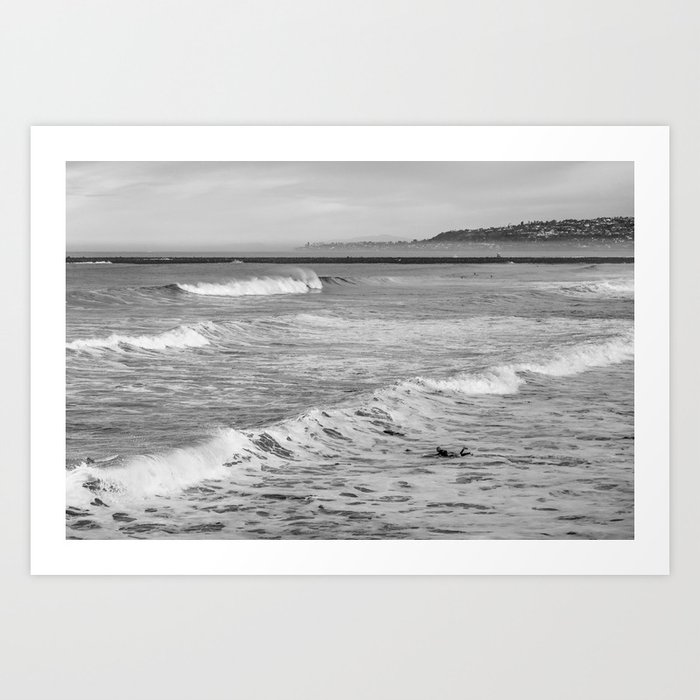 Ocean Beach Morning Landscape in Black and White Art Print