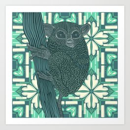 Bush baby sitting on tree stump with light green pattern background Art Print | Forest, Animal, Illustration, Curated, Linework, Nocturnal, Children, Wildlife, Interesting, Graphicdesign 