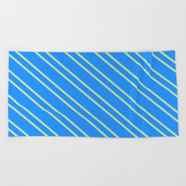 [ Thumbnail: Blue, Light Green & Tan Colored Striped/Lined Pattern Beach Towel ]