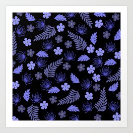 Flower leaves Pattern blue black Design Art Print
