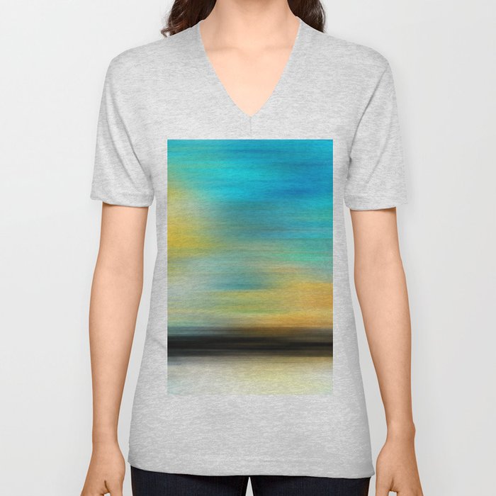 Ocean View - Colorful Yellow And Blue Art V Neck T Shirt