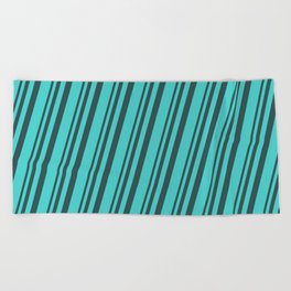 [ Thumbnail: Dark Slate Gray & Turquoise Colored Striped Pattern Beach Towel ]