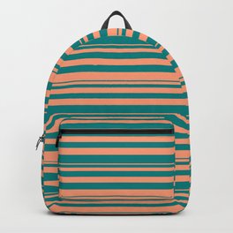 [ Thumbnail: Light Salmon & Teal Colored Stripes/Lines Pattern Backpack ]