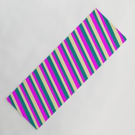[ Thumbnail: Pale Goldenrod, Fuchsia, and Teal Colored Striped Pattern Yoga Mat ]