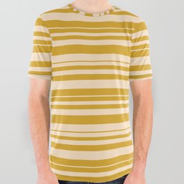 [ Thumbnail: Goldenrod and Bisque Colored Striped/Lined Pattern All Over Graphic Tee ]