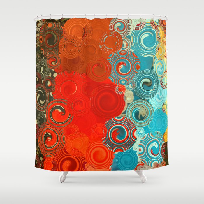 Turquoise and Red Swirls - cheerful, bright art and home decor Shower Curtain