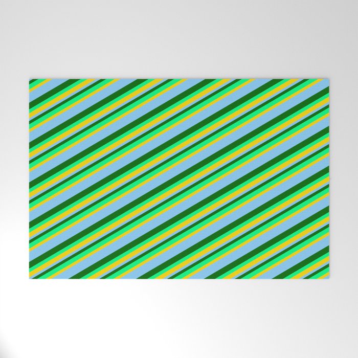 Dark Green, Green, Yellow & Light Sky Blue Colored Lined Pattern Welcome Mat