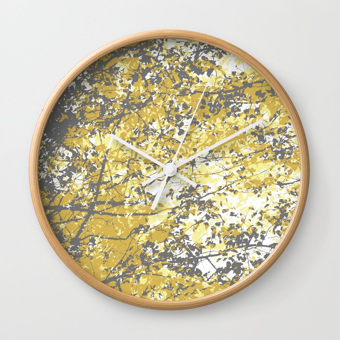 Yellow and Grey Overlapping Tree Branches and Leaves Wall Clock