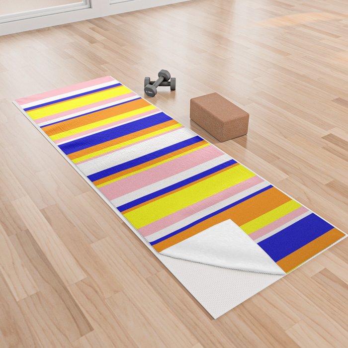 Eye-catching Dark Orange, Blue, White, Light Pink, and Yellow Colored Stripes Pattern Yoga Towel