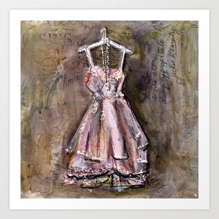 Vintage Pink Dress with Pearls Mixed Media Art Print