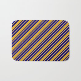 [ Thumbnail: Goldenrod and Dark Blue Colored Lined Pattern Bath Mat ]