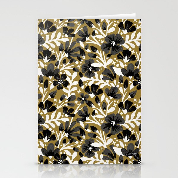 Blossom Pattern – Black & White on Kraft Stationery Cards