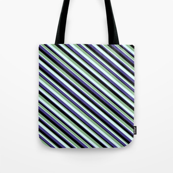 Dark Sea Green, Light Cyan, Dark Slate Blue, and Black Colored Pattern of Stripes Tote Bag