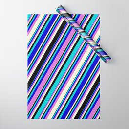 [ Thumbnail: Eye-catching Dark Turquoise, Blue, Orchid, Beige, and Black Colored Stripes Pattern Wrapping Paper ]
