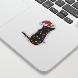 Santa Black Cat Tangled Up In Lights Christmas Santa Graphic Sticker
