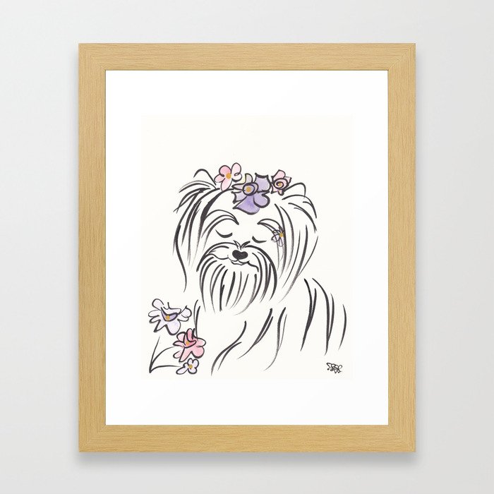 Lucy Yorkie Dog with Flowers Framed Art Print