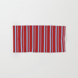 [ Thumbnail: Red & Light Sky Blue Colored Striped/Lined Pattern Hand & Bath Towel ]