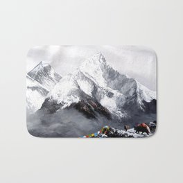 Panoramic View Of Everest Mountain Bath Mat | Oil, Realism, Acrylic, Panoramicviewofeverestmountain, Sagarmatha, Nepal, Tibetan, Mounteverest, Illustration, Mounteverestanimals 
