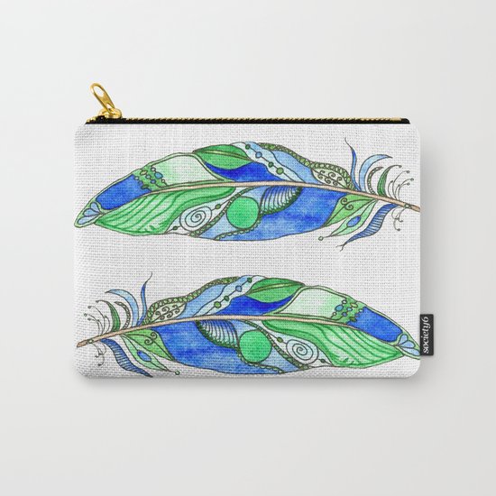 Bohemian Spirit Feathers - Blue & Green Carry-All Pouch