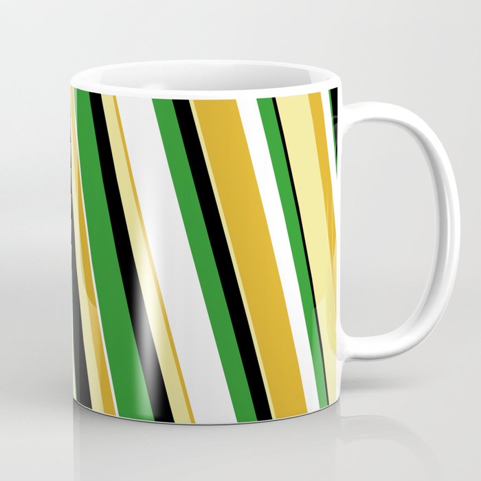 Colorful Goldenrod, Tan, Black, Forest Green & White Colored Stripes Pattern Coffee Mug